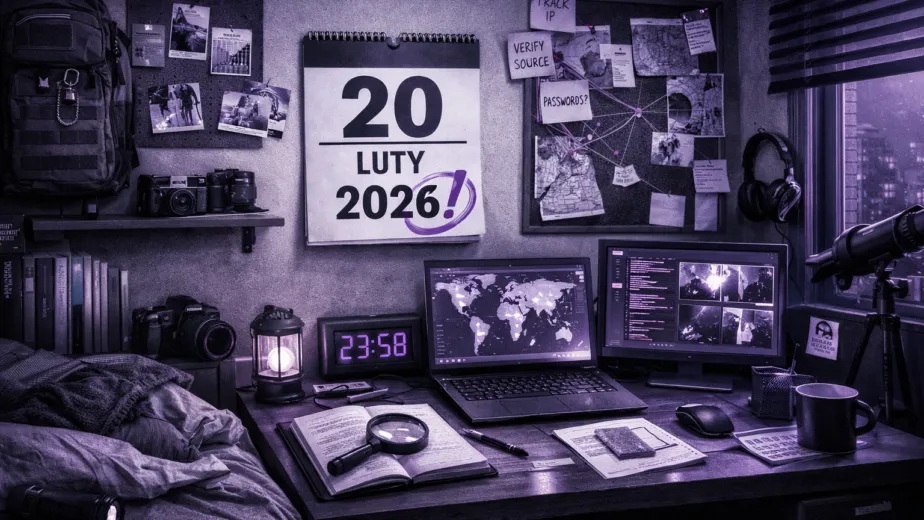 Pokój ze stanowiskiem pracy obok łóżka. Na biurku: laptop, monitor, notatki i tablica z mapami; na ścianie kalendarz z podkreśloną datą 20.02.2026.